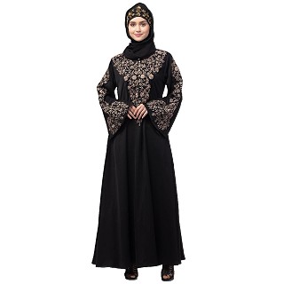 A-line party wear abaya with Resham embroidery work- Black